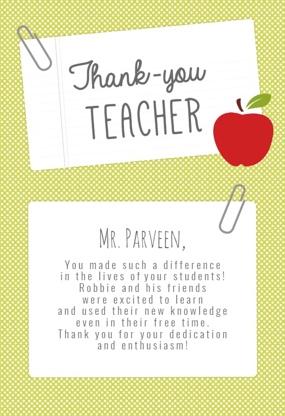 Clipped note - thank you card for teacher