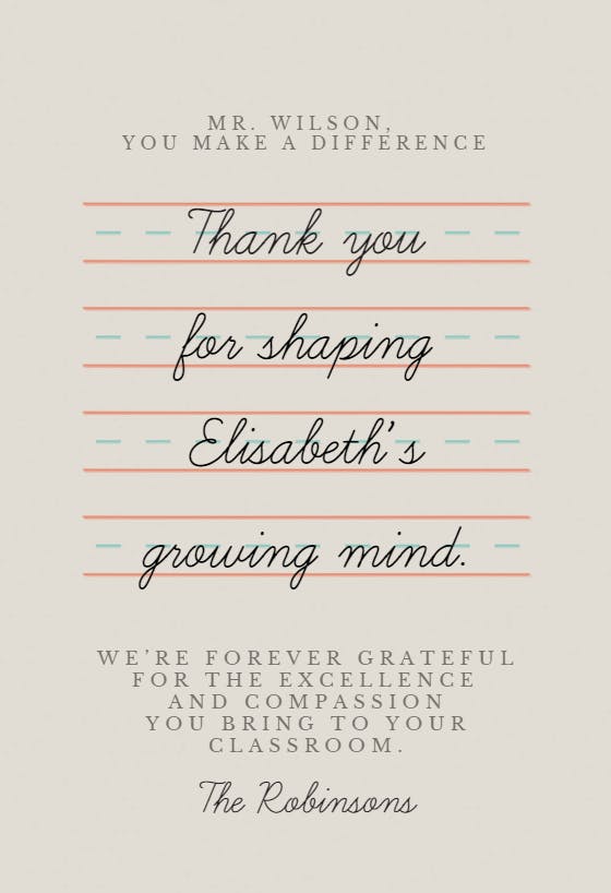 Crafted in cursive - thank you card for teacher