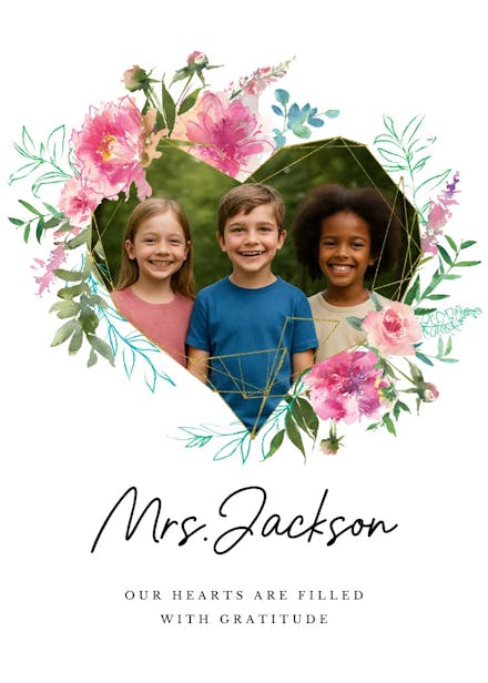Geometric floral heart photo - thank you card for teacher