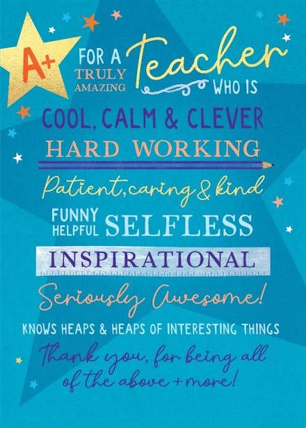 Outstanding teacher - thank you card for teacher