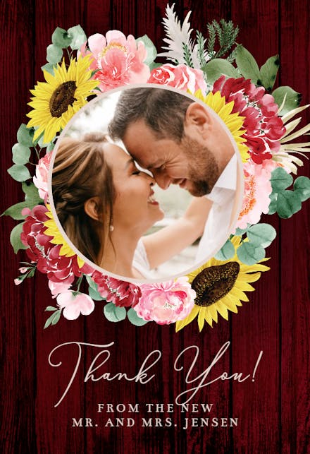 Burgundy Sunflower - Wedding Thank You Card