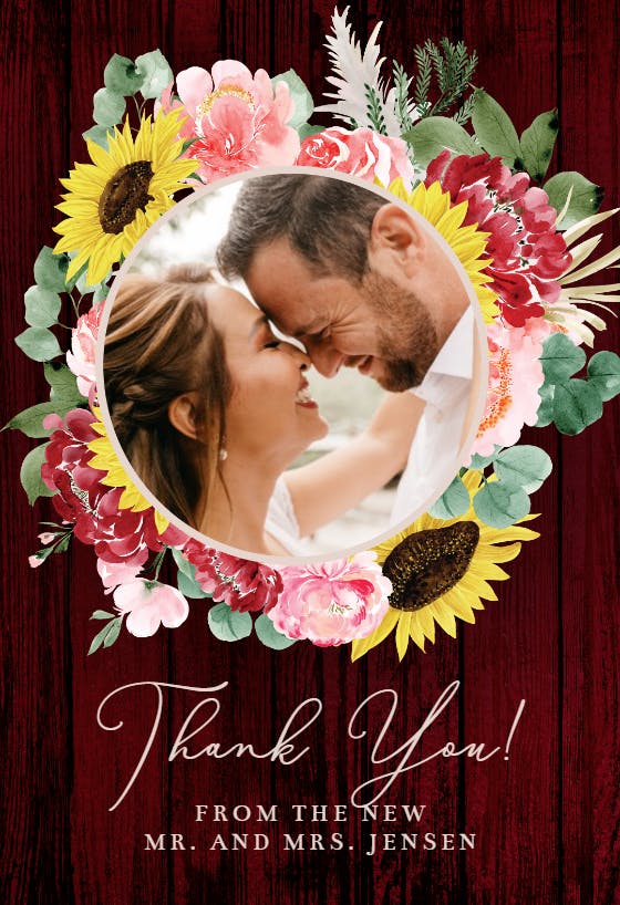 Burgundy sunflower -  tarjeta de agradecimiento por la boda gratis