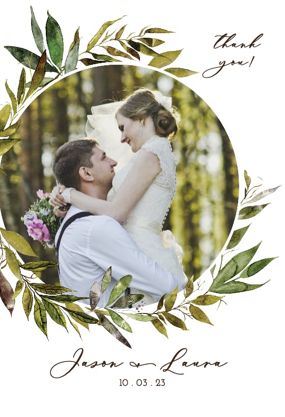 Gentle leaves wreath - wedding thank you card