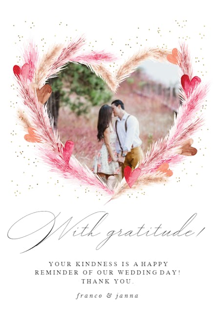 Pink heart pampas - wedding thank you card