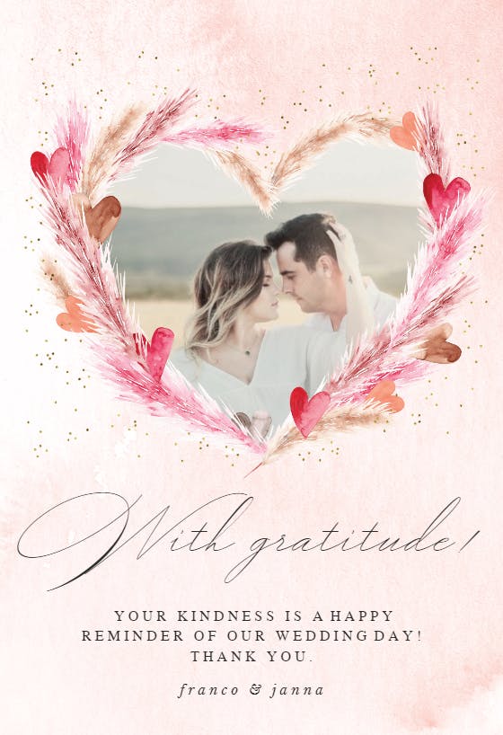 Pink heart pampas -  tarjeta de agradecimiento por la boda gratis