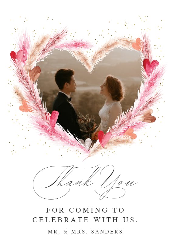 Pink pampas with hearts - tarjeta de agradecimiento por la boda