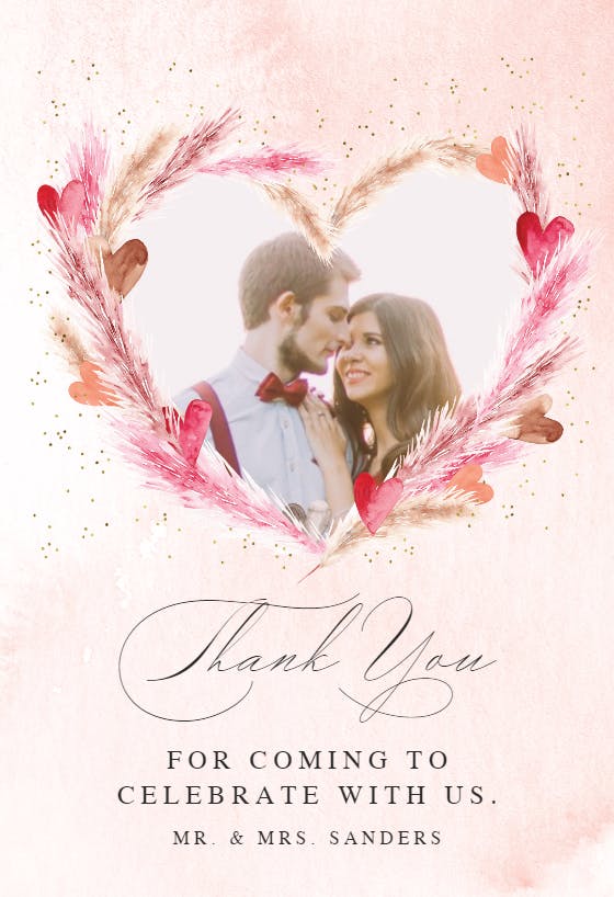 Pink pampas with hearts - wedding thank you card
