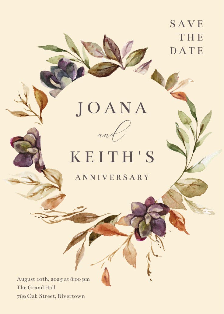 Autumn watercolor wreath - anniversary invitation