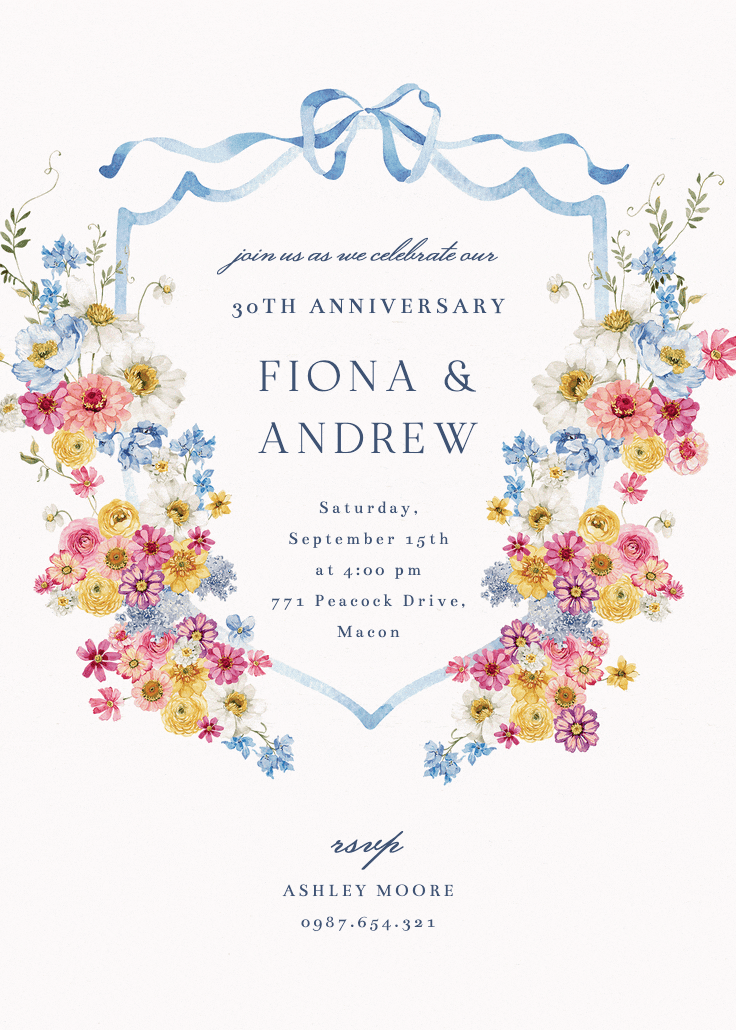Blooms around crest - anniversary invitation