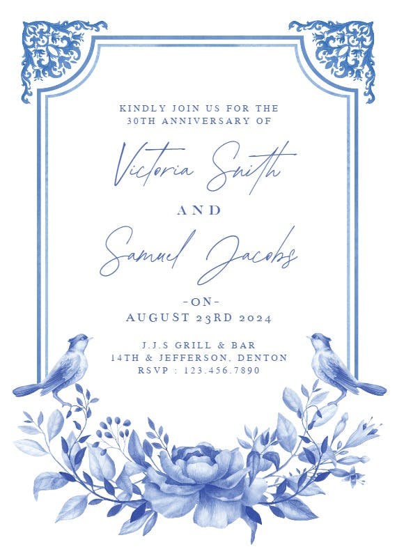 Blue watercolor ornaments - anniversary invitation