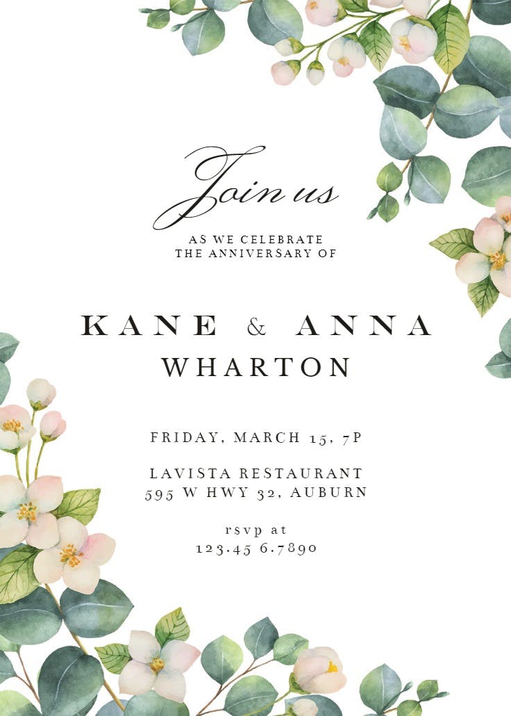 Botanical & white flowers - anniversary invitation