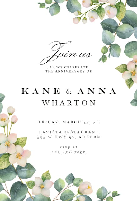 Botanical & White Flowers - Invitación De Aniversario