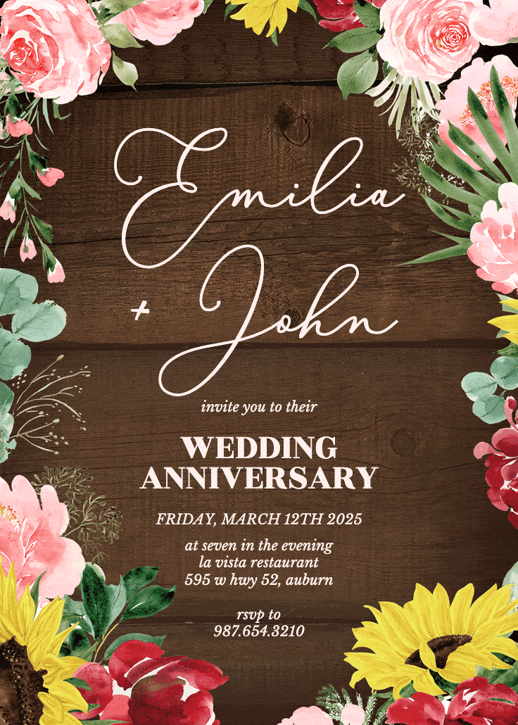 Burgundy sunflower - anniversary invitation