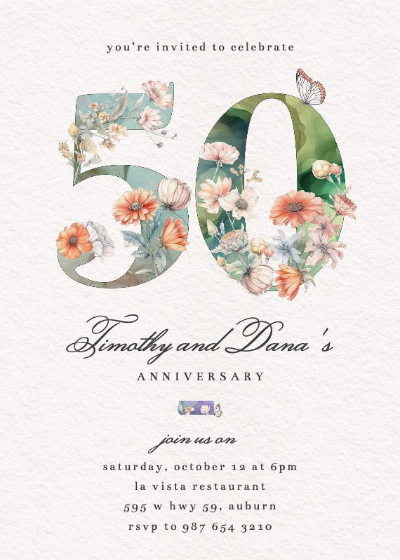 Fluttery florals 50 - invitación de aniversario