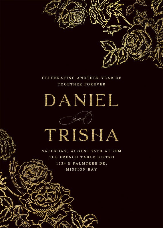 Gold foil roses - invitación de aniversario