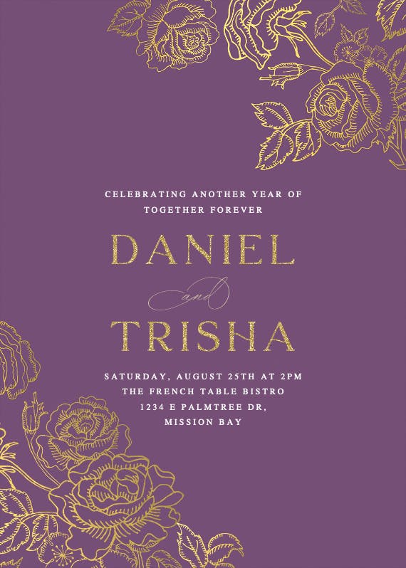 Gold foil roses - invitación de aniversario