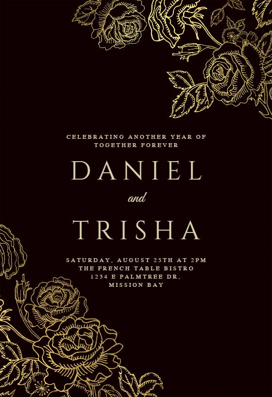 Gold foil roses - anniversary invitation
