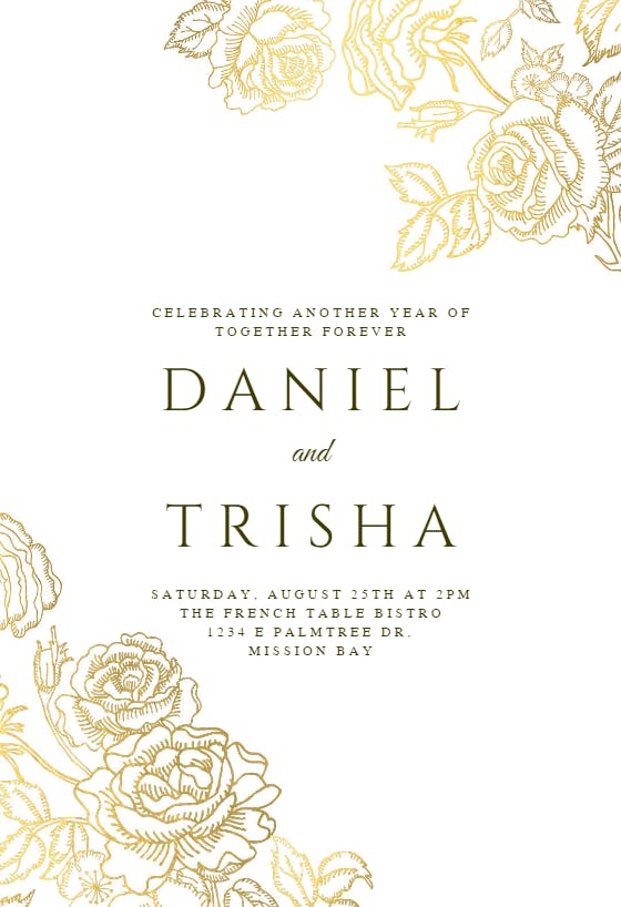 Gold foil roses -  invitación de aniversario