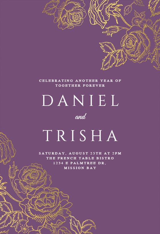 Gold foil roses -  invitación de aniversario