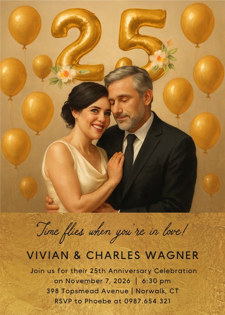 Golden balloons 25 - anniversary invitation