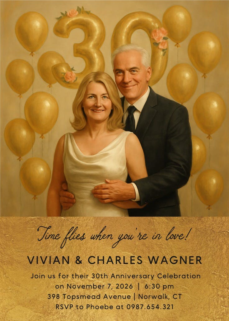 Golden balloons 30 - anniversary invitation