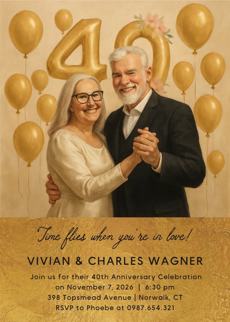 Golden balloons 40 - anniversary invitation