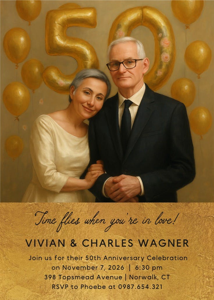 Golden balloons 50 - anniversary invitation