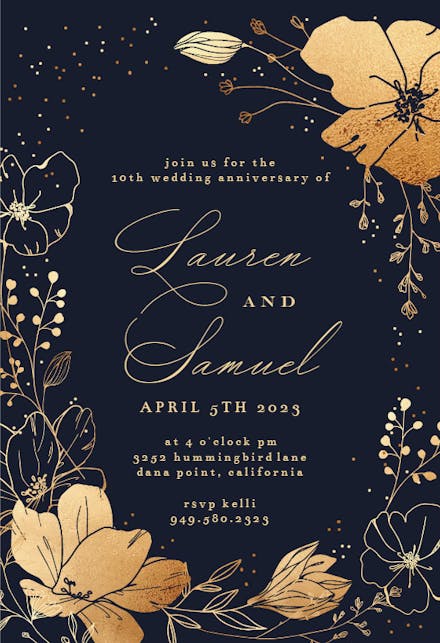 Golden Flowers Frame - Invitación De Aniversario