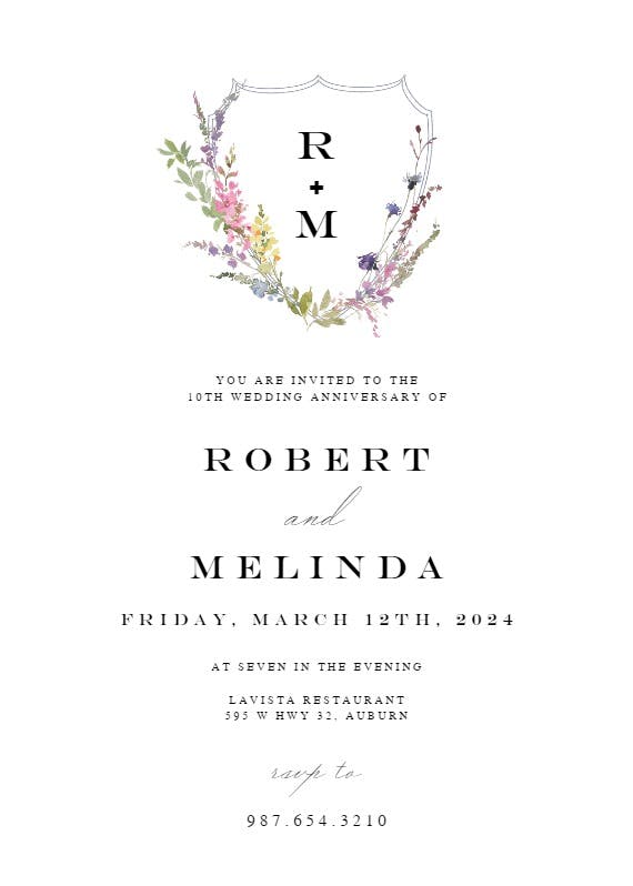 Meadow monogram floral - anniversary invitation