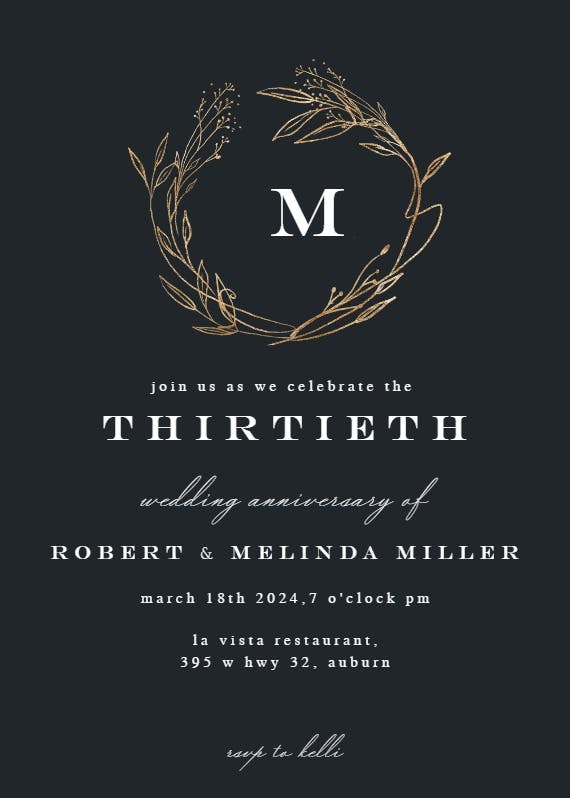 Monogram golden wreath - anniversary invitation