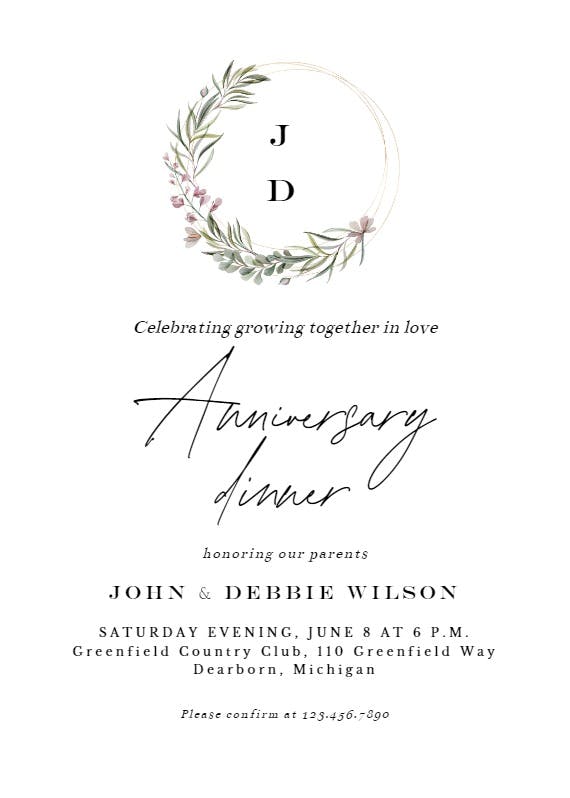 Monogram wreath - anniversary invitation