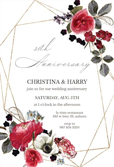 Moody Gold Flowers - Anniversary Invitation Template | Greetings Island