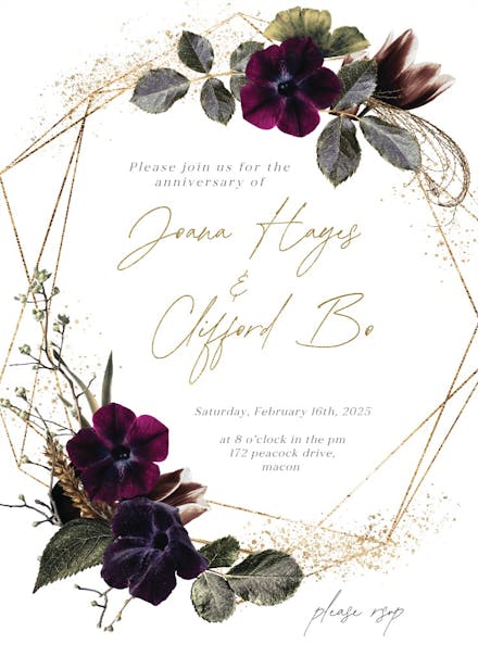 Moody gold flowers - anniversary invitation
