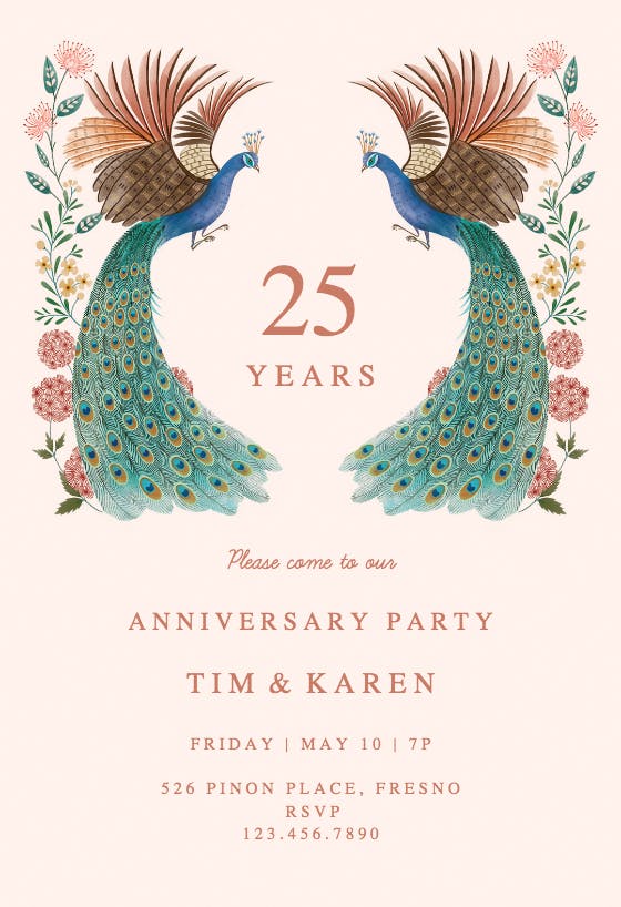 Peacock & flowers - anniversary invitation