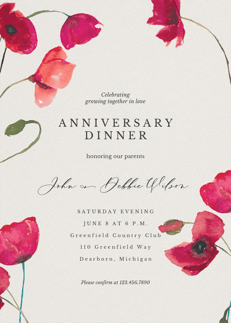 Red poppies - anniversary invitation