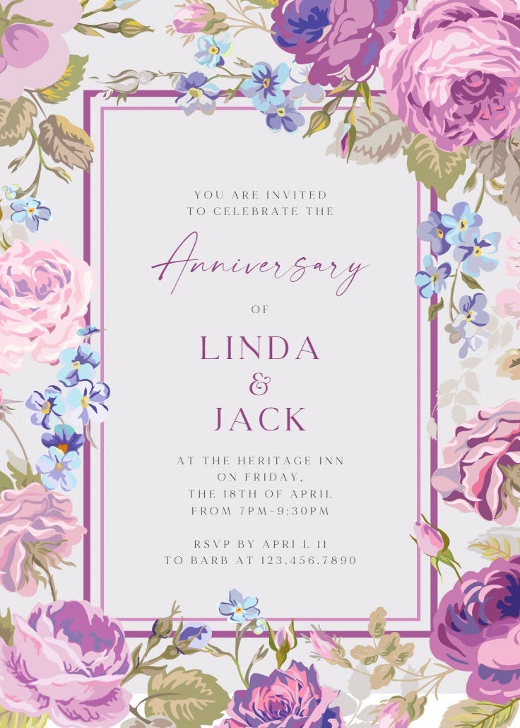 Romantic cabbage roses - anniversary invitation