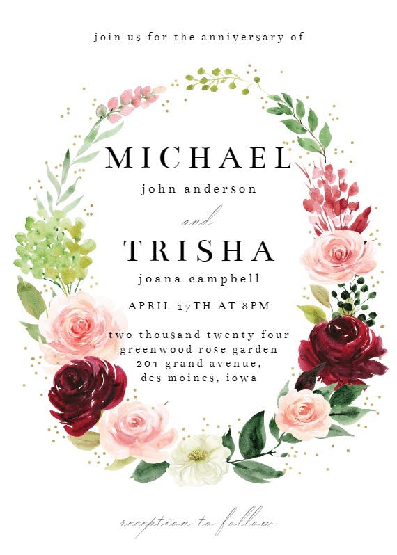 Romantic roses wreath - anniversary invitation