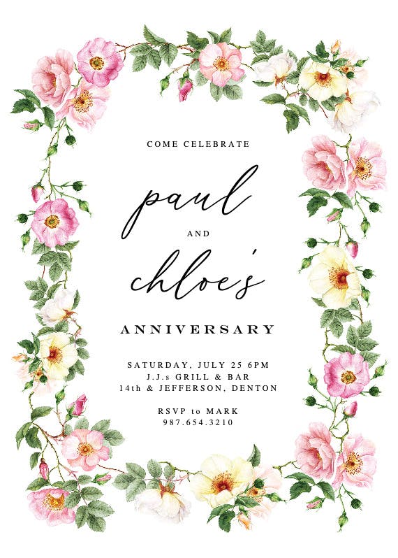Roses watercolor wreath - anniversary invitation