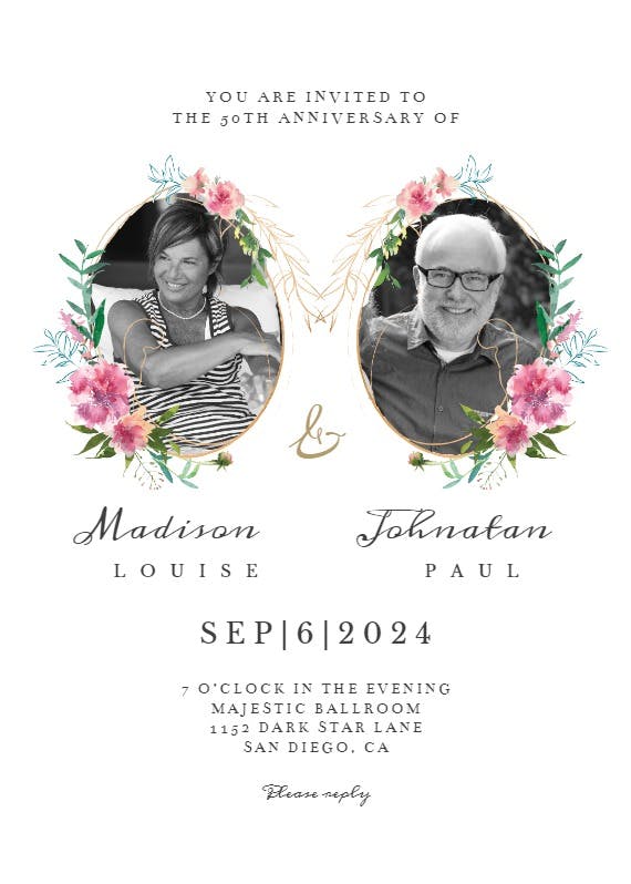 Sketchy floral double photo - anniversary invitation