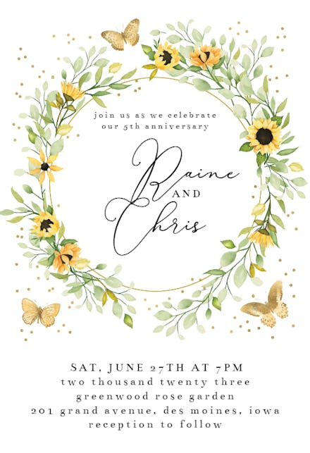 Sunflower Wreath with Butterflies - Invitación De Aniversario