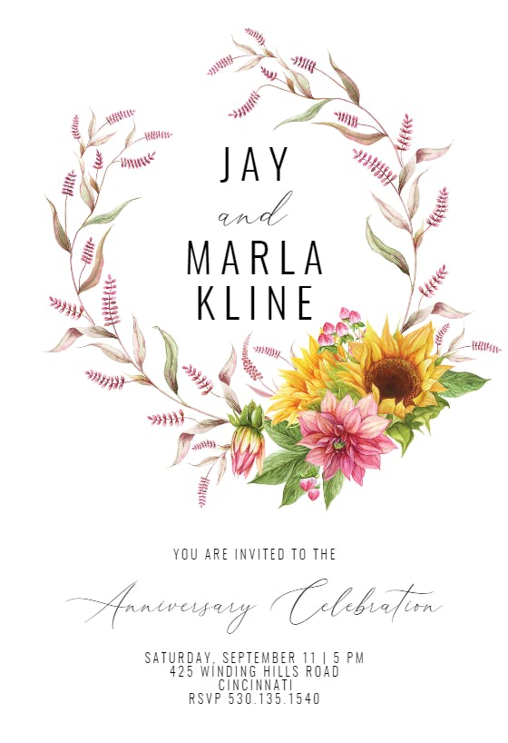 Sunflowers and dahlias - anniversary invitation