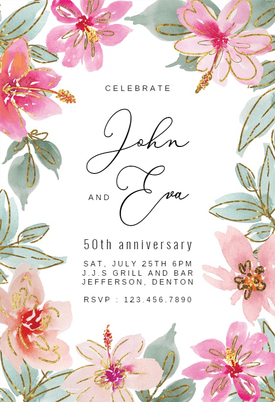 Tropical glitter flowers - anniversary invitation
