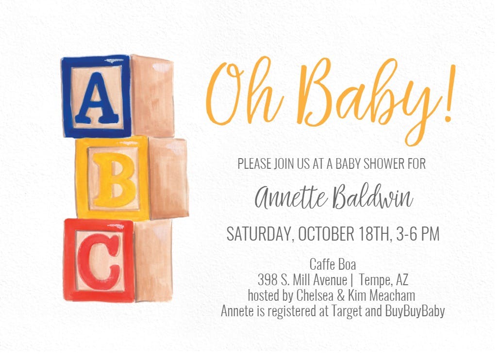 Abc baby toys - invitación para baby shower