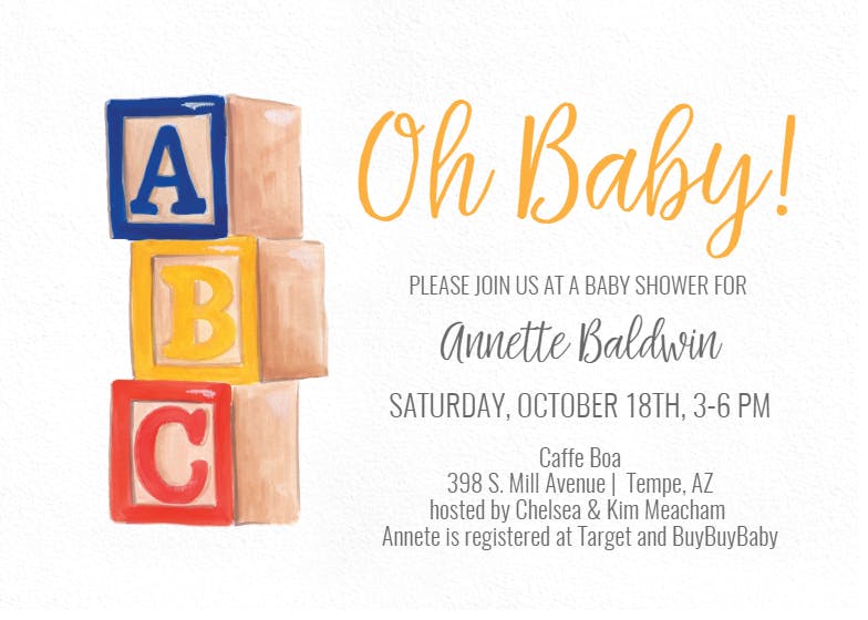 Abc baby toys - baby shower invitation