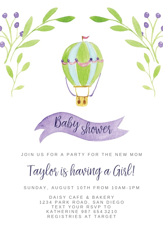 Air balloon & greenery -  invitación para baby shower