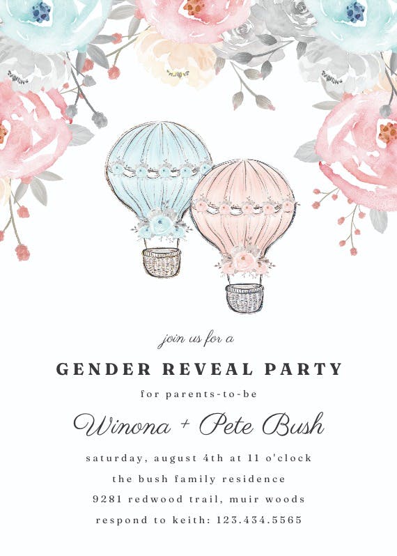 Air balloons & flowers - gender reveal invitation