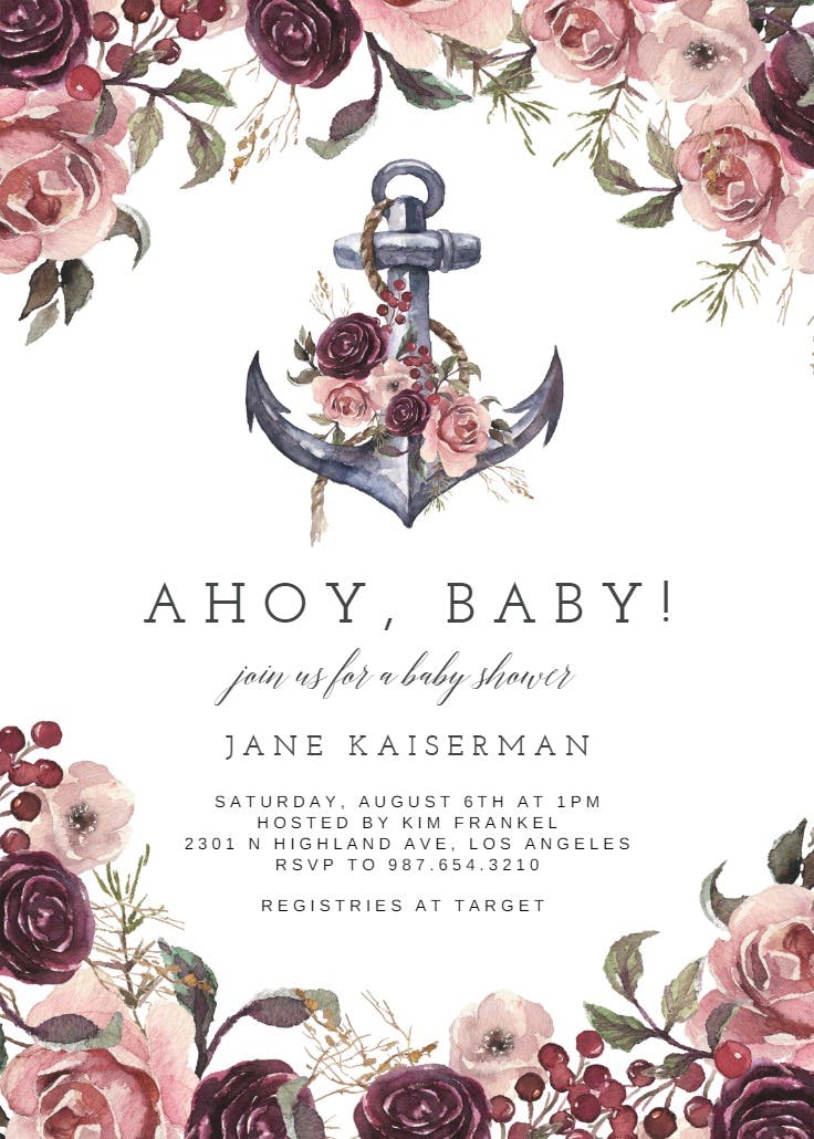 Anchor and floral frame - invitación para baby shower