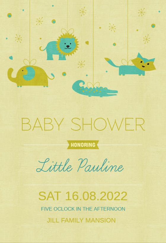 Animals mobile -  invitación para baby shower
