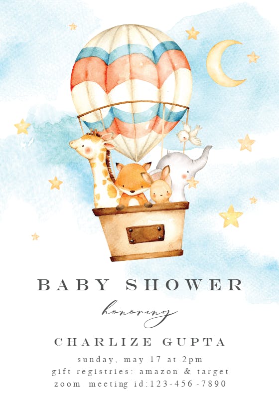 Baby animals hot air balloon -  invitación para baby shower de bebé niño