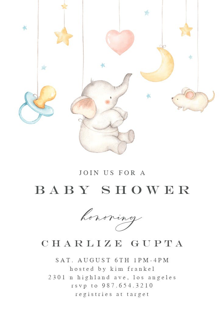 Baby elephant mobile -  invitación para baby shower de bebé niño